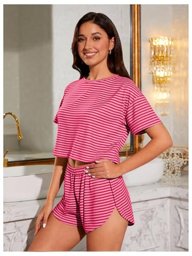Image of OYOANGLE Womens Pajama Sets 2 Piece Sexy Lounge Sets Summer Cute Pjs Striped Print Tee and Side Split Shorts Set