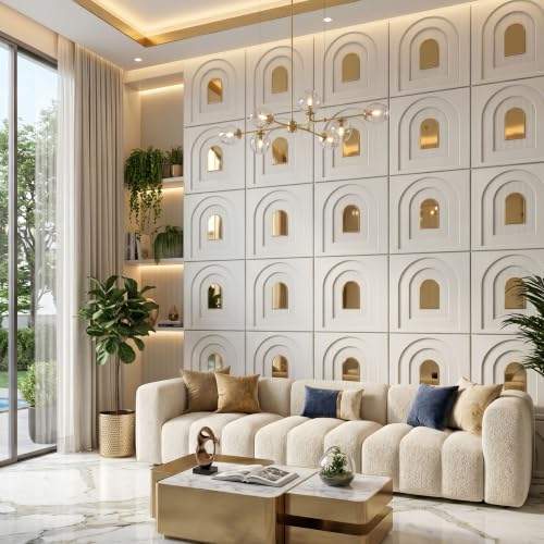 Image of Kayra Decor 3D PVC Wall Panels for Bedroom & Living Room | White Panel with Golden Mirror | Archi Design | 19.7 x 19.7 Inch | Pack of 18 | Covers 42.48 Sq Ft