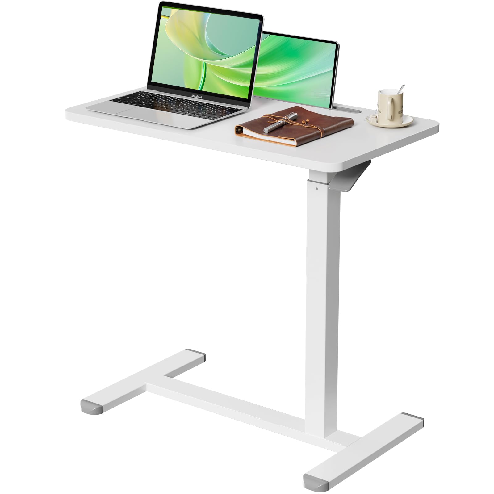 Mobile Standing Desk, Pneumatic Adjustable Rolling Desk(27.5 Inches), Portable Laptop Desk with Wheels, Overbed Bedside Table Laptop Table for Couch, Home, Office, White