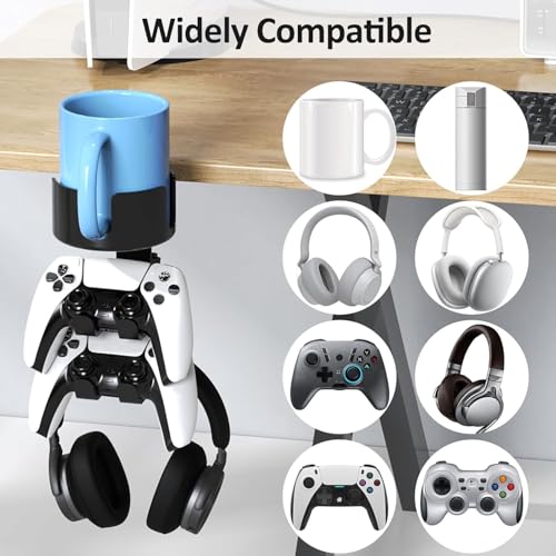 Image of OIVO INDIA 3-in-1 Desk Controller Holder with Headphone Hanger & Anti-Spill Cup Holder, 360 Rotating Aluminum Clamp Mount for Gaming Controllers Remote Stand
