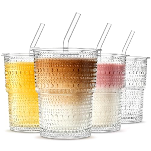 Image of INSETLAN Iced Coffee Cups with Lids and Straws, 13 oz Hobnail Glass Tumbler