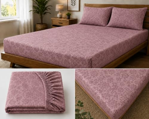 Image of Fitted Bedsheet Mauve 3D Floral Print Glace Cotton 210 TC | Queen Size for Double Bed Fits 5 x 6.5 ft Mattress (60 x 78 Inch) | All Around Elastic | 2 Pillow Covers | 10 Inch Deep Pocket