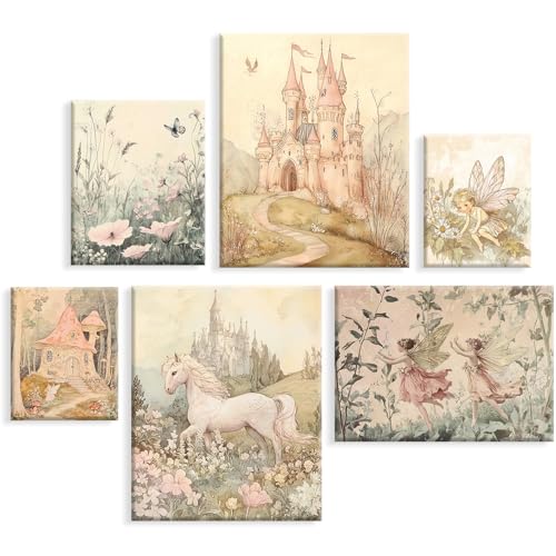 Image of Vintage Fairy Nursery Wall Art Baby Girl Room Canvas Wall Decor Magic Forest Poster Fantasy Fairytale Prints Nursery Antique Magical Picture Flower Painting for Bedroom 8x10 Inch Ready to Hang 6Pcs