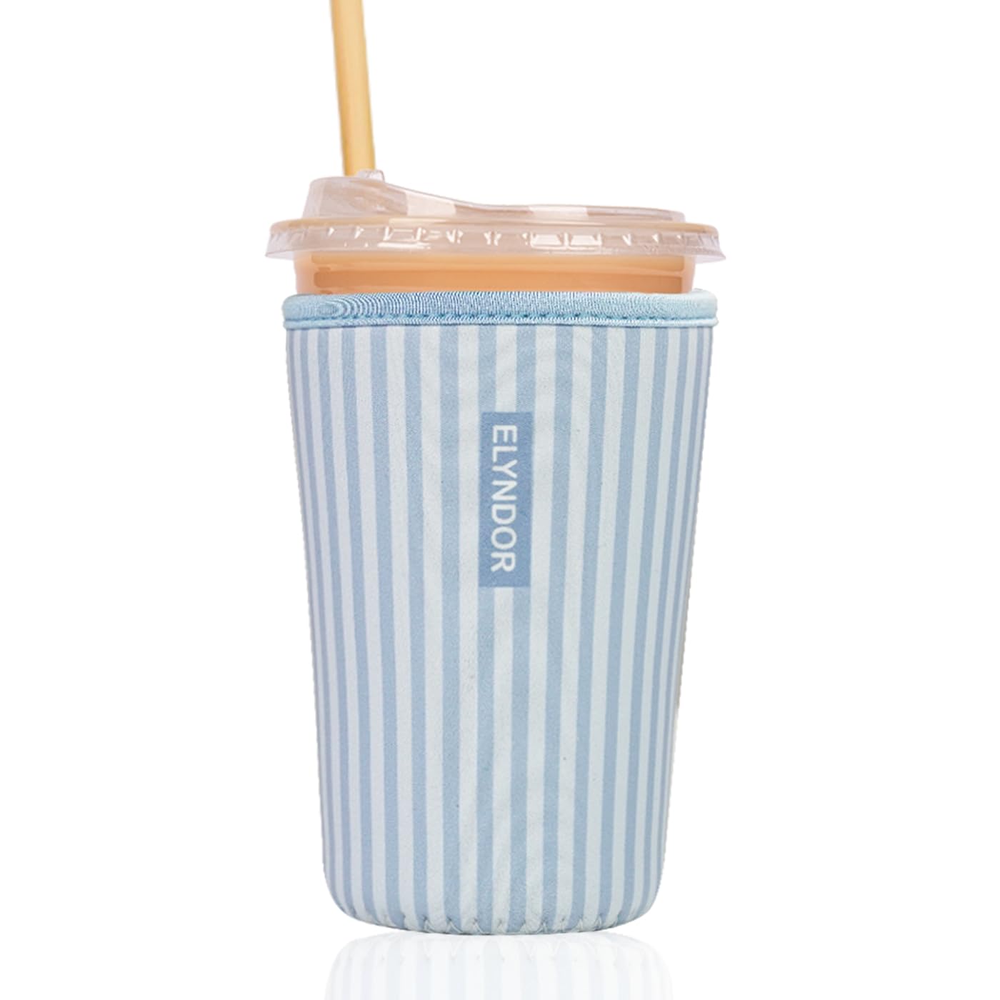 Reusable Insulated Sleeve for Iced Coffee Cup, Coffee Neoprene Sleeve for Cold &amp; Hot Drinks, Beverage Holder for Iced Coffee (Blue Stripes, Medium: 22-24oz)