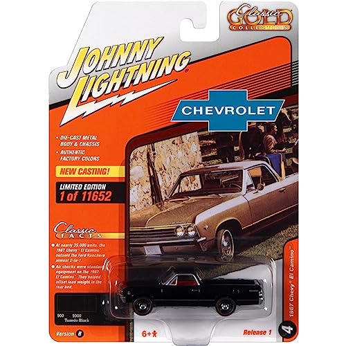 Johnny Lightning 1967 Chevrolet El Camino Tuxedo Black with Red Interior Classic Gold Collection Series Limited Edition to 11652 pieces Worldwide 1/64 Diecast Model Car