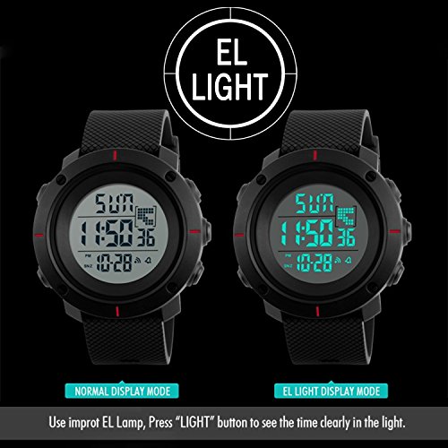 Men's Sports Digital Watch Military 50M Waterproof LED Watches for Men with Back Light Stopwatch Alarm-Black - Thumbnail 4