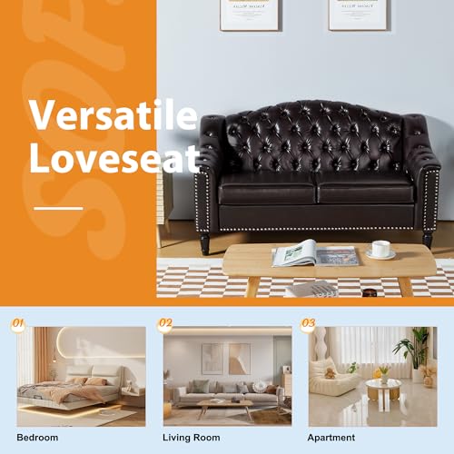 Image of Chesterfield Loveseat, 55 inch Faux Leather Love Seat Sofa, Comy Small Sofa Counch with Camelback for Small Spaces, Mid Century Modern 2 Deep Seats Couch for Apartment Living Room (PU-Loveseat, Brown)