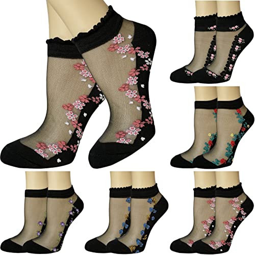 DXYAKY 5 Pairs Womens No show Socks Low Cut Girls Lace Socks Thin Nylon Mesh Socks Floral Patterned Fishnet Short Sock