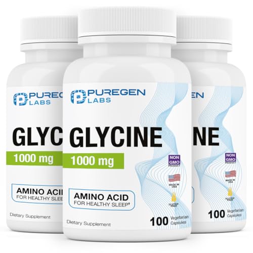 Puregen Labs Glycine 1000mg [High Potency] Total 300 Vegetarian Capsules, Promotes Healthy Rest | No Harmful Additives | Non-GMO, NO Gluten and Dairy | Made in USA
