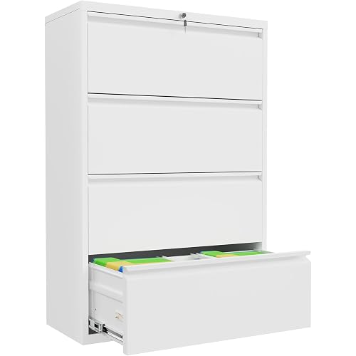 INTERGREAT 4 Drawer File Cabinet, White Lateral File Cabinet with Lock, 28" W Metal Office Filing Cabinet with Adjustable Frame for Legal, Letter, A4 Files