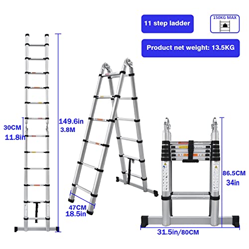 Telescopic Ladder A Frame Aluminum 12.5Ft, Telescoping Ladder For Home, Portable Folding Ladder Lightweight 330Lb Load Capacity With Stabilizer Bar Anti-Slip #TOP2
