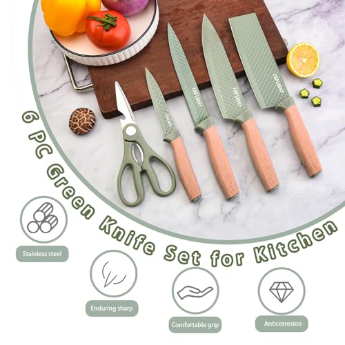 Chef Knife Set with Block, 6-Piece Kitchen Knives Set with Sharp Blades, Professional Knife Set with Ergonomic Handle, Non-Stick Stainless Steel Knife Block Set (Green) - Image 3