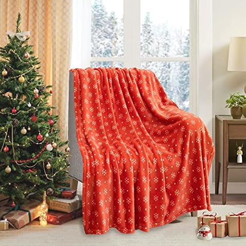 Christmas Red Snowflake Bed Blankets Twin Size for Couch, Sofa and Bed, Lightweight Orangey Red Soft Holiday Flannel Fleece Warm Blanket Decorative Cozy for Winter 60"x80" Cover