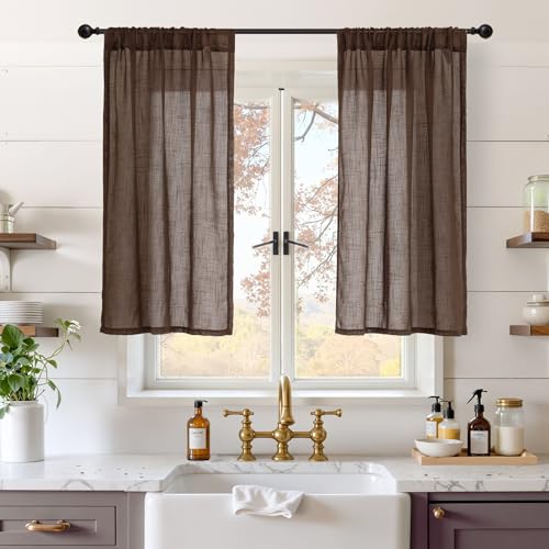 Image of BGment Brown Linen Kitchen Curtains 40 Inch Length, Small Semi Sheer Drapes Textured for Cafe Window Over Sink Bathroom Decor Lightweight Rod Pocket, 2 Panels Set, Each 30 Inch Wide