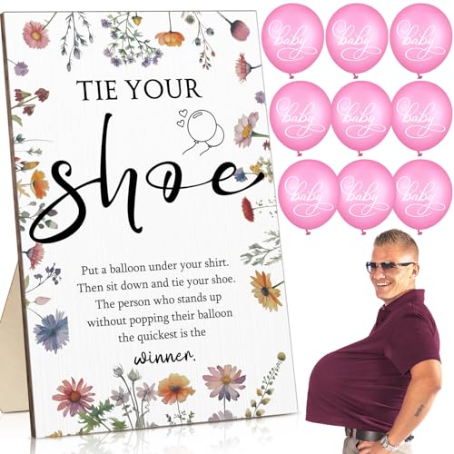 Image of Roowest 51 Pcs Tie Your Shoe Baby Shower Game Sign Wooden Sign Greenery Gift Sets Gender Reveal Party Favors 50 Balloons Latex Balloons for Game Wedding Supplies(Pink,Wildflowers)