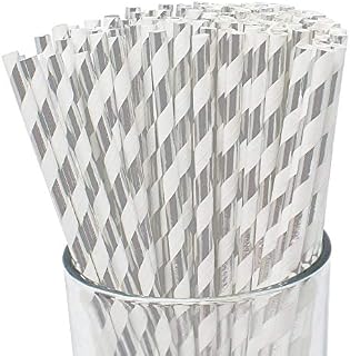 Just Artifacts 100pcs Premium Biodegradable Striped Paper Straws (Striped, Metallic Silver)