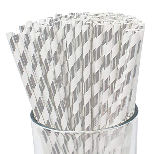 Just Artifacts 100pcs Premium Biodegradable Striped Paper Straws (Striped, Metallic Silver)