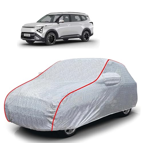 Image of Sulfar 100% Waterproof Car Body Cover Compatible with Mirror for Kia Carens Clavis (Triple Stitched, Full Bottom Elastic, Magic Silver with Red Piping)