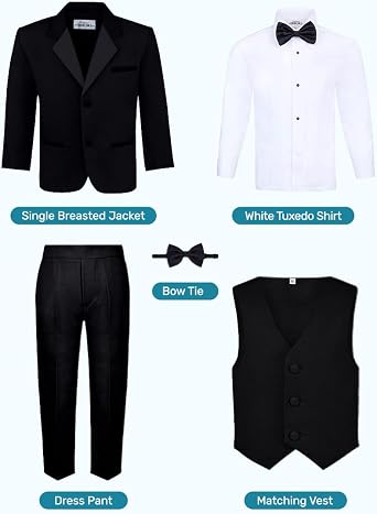 Boys 5 Piece Tuxedo Set with Jacket, Pants, Shirt, Vest & Bow Tie