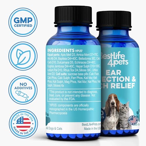 Itch Relief and Ear Infection Treatment for Dogs & Cats, Natural Ear Mites Treatment for Cats and Dogs Soothes Itchy Ears, Reduces Swelling, Otitis, Pain & Inflammation, 400 Easy to Give Tiny Pills