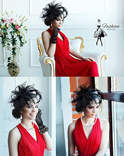 Bniksok FASCINATOR HEADBAND 1920S Black Fascinators Hat Set For Women Tea Party Headband Lace Gloves Pearl Jewelry Set Cocktail Tea Party Banquet Wedding Halloween Retro Tiara thumb #4