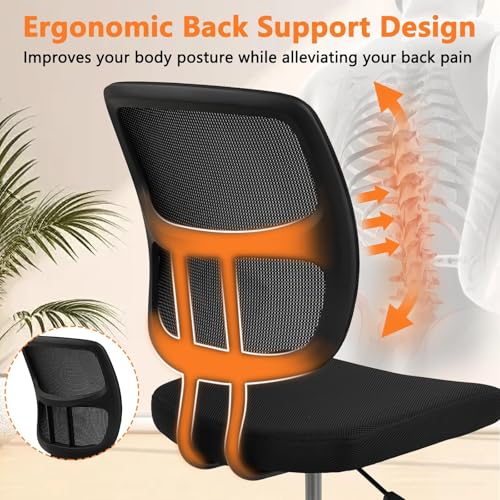 Image of CLATINA Armless Home Office Chair, Small Ergonomic Mesh Back Desk Chair with Lumbar Support and Wheels, Adjustable Height 360 Swivel Rolling Computer Task Chair for Conference Waiting, Black