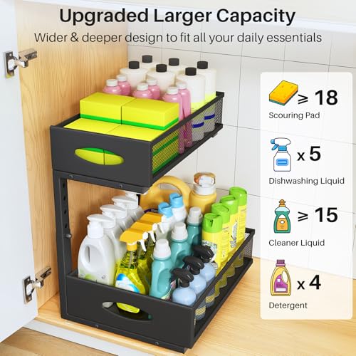 Image of Under Sink Organizer, 2 Pack 2 Tier Pull Out Under Cabinet Organizer Shelf with Pad for Framed Cabinets, Metal Slide Out Under Sink Storage, Mesh Sliding Drawers for Kitchen Bathroom Laundry, Black
