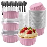 Tikxlafe 50 Pack 5oz Round Disposable Aluminum Foil Baking Cups, Mini Cake Pans with Lids, Muffin Tin Ramekins for Weddings & Parties-Pink