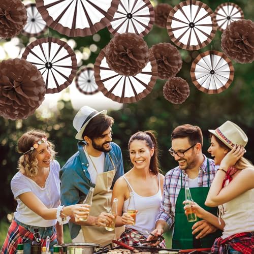 Image of Outus 21 Pcs Western Cowboy Party Decorations Paper Fans Wagon Wheels Decorations Brown Paper Pom Poms Country Western Hanging Fans Tissue Flower for Wild Cowboy Themed Birthday Party Supplies Decor