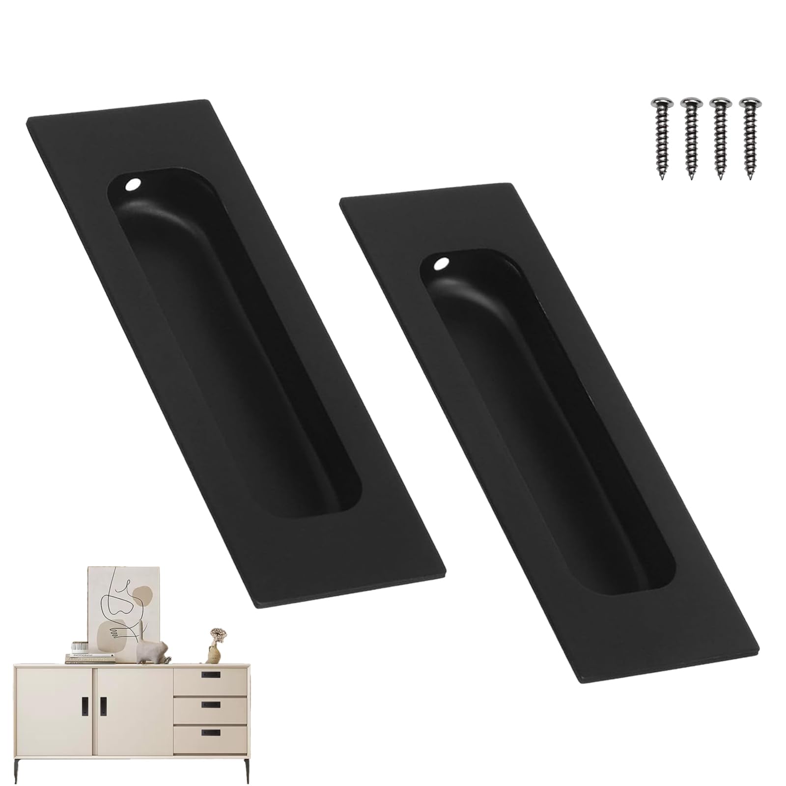 Leequnq Black 2 Pcs Sliding Door Handles, Pocket Door Handles, Recessed Door Handle, For Kitchen Cupboard Wardrobe Dresser Barn Door Closet( 120 * 40Mm)