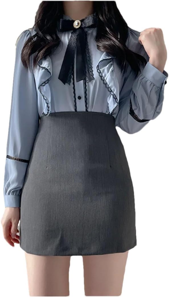 Lady Bow Lace Chiffon Office Blouse Women Ruffles Button Up Shirt Tops