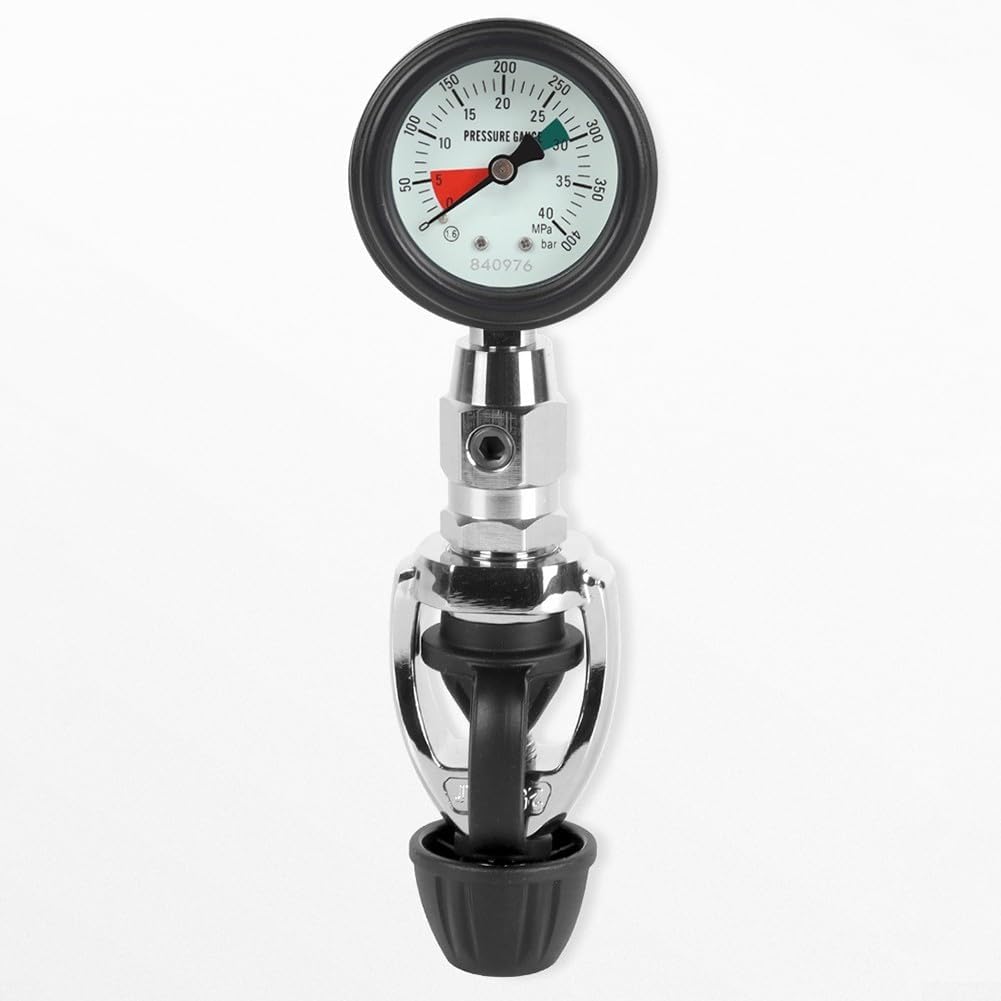 Manomètre pour cylindres de plongée avec fixation YOKE, lumineux pour une utilisation dans l'obscurité, construction en laiton et plage de mesure de 0 à 300 bar (type bouton)