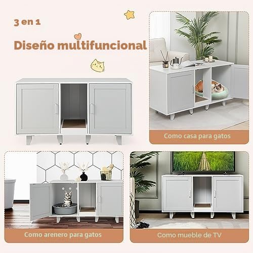 FANTASK Casa para Gatos, Armario para Gatos con 2 Puertas y Tabla para rascar y Entrada, Muebles para Gatos Mesa Auxiliar