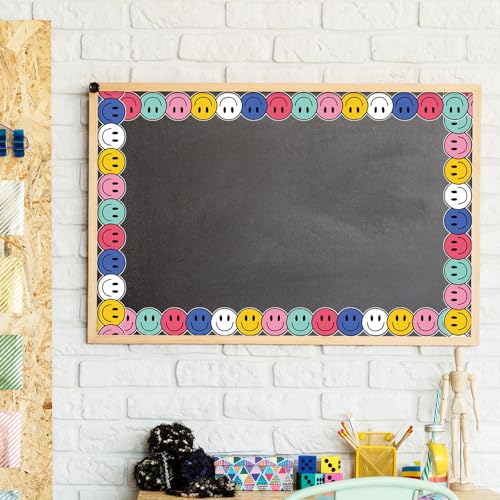 Image of Whaline 32.8ft Happy Face Bulletin Board Border Navy Blue Rose Pink Yellow Green Smile Face Die-Cut Rolled Border Trim for Back to School Chalkboard Wall Decoration