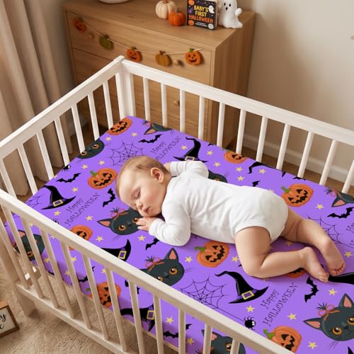Image of JISEN Halloween Crib Sheet Soft Breathable Cat Pumpkin Fitted Crib Sheets for Standard Crib and Toddler Mattress Baby Bed Sheets for Boys Girls Neutral 52x28 Inch Purple