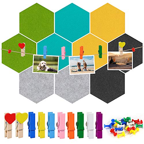 Meetory 10 Packs Felt Board Hexagon Tiles Bulletin Board with 41 Pcs Push Pins Wooden Clips Kit, Wall Stickers Display Board Notice Board for Home Office Classroom Wall DÃ©cor
