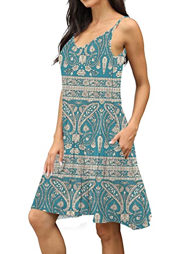 Image of Women's Summer Spaghetti Strap Casual Swing Tank Beach Cover Up Dress with Pockets