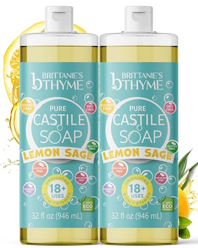 Brittanie’s Pure Castile Liquid Soap Refill, Lemon Sage, 32 Ounce Pack of 2 | Dish Soap, Hair & Body, Home, Gentle and Pure, Made with Natural Luxurious Oils, Vegan & Gluten Free Non-GMO