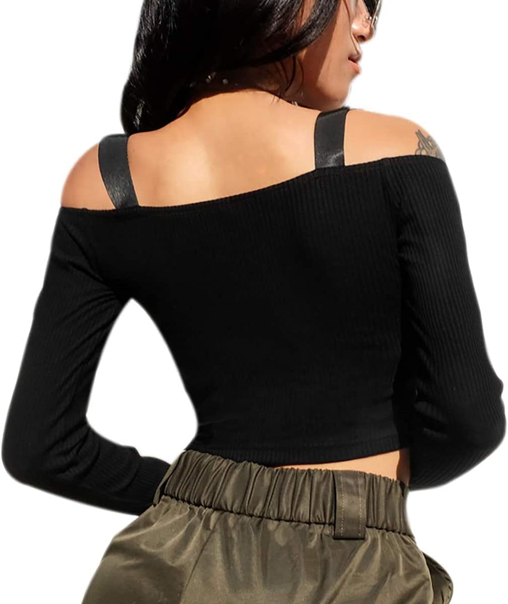 Women Off Shoulder Buckle Crop Top Long Sleeve Ribbed Shirt Tee Blouse Top Vest for Causal Party Clubwear - Image 3