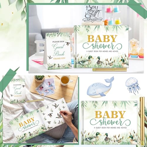 Image of Fuyoooo 27 Pcs Mallard Duck Baby Shower Guest Book Set Baby Shower Sign in Guest Duck a Little Hunter is on the Way Book Place Table Cards with Gold Pen Adhesive Photo Corner for Birthday Party