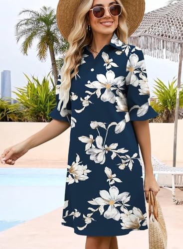 Image of Womens Summer Shirt Mini Dresses 2026 Beach | Flowy Shift Dress, Button V Neck, Polo Collar, Ruffle Short Sleeve, Floral Boho Style, Casual Vacation Outfits with Pockets