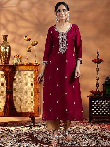 Image of Libas Women's Silk Embroidered Straight Fit Kurta | Ethnic wear | Bridal Suit | Wedding Dress | Occasion wear
