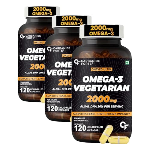 Image of Carbamide Forte Veg Omega 3 2000mg | Plant- Based Omega 3 Supplement with 20% Algal DHA | Supports Heart, Brain & Eye Health - 120 Capsules (Pack of 3)