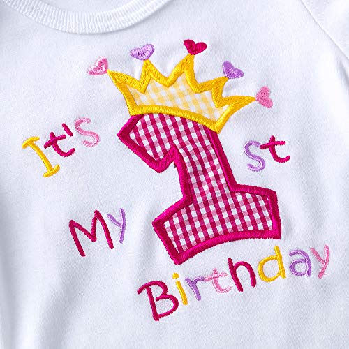 Baby Boy 1st Embroidery Birthday Outfit Colorful Infant Girl First Birthday Clothes (White Pink, 12-18 Months)2