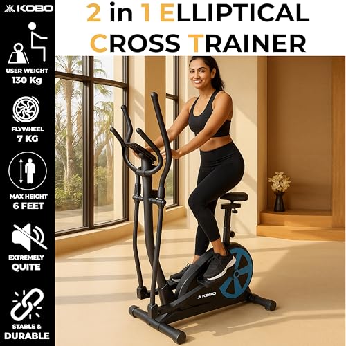 Image of Kobo Elliptical Cross Trainer for Home with 7 Kg Flywheel | Full Body Cardio Workout Machine | Adjustable Resistance | LCD Display | Max User Weight 130 Kg | Silent Belt Drive (EB-1)