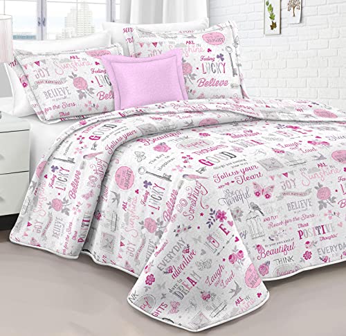 HaraDeco Colcha Bouti Fina Cama 135, Cubrecama Termosellada con Fundas Almohada, Colcha de Verano Estampada Good Luck(Rosa A, Cama 135)