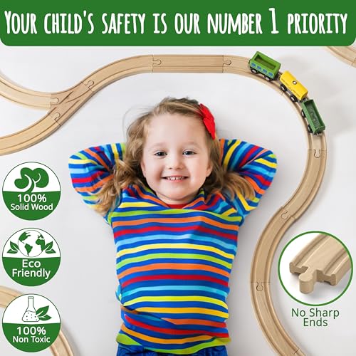 Image of KipiPol Wooden Train Tracks Set - 52 pcs+Bonus Railroad Map -Compatible W All Major Wooden Railway Toy Brands Including: Thomas The Train Track Set, Brio Train, Melissa and Doug Train Set for Kids 3+