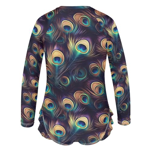 Mysterious Peacock Feathers Pattern Girls Long Sleeve Swimsuit Rash Guard One Piece Bathing Suits Zipper 3-12T3