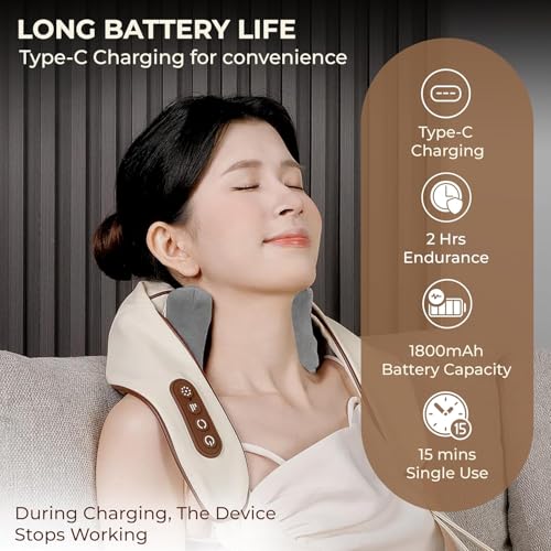 Image of 6D Neck & Back Massager with Heat | Wearable Electric Deep Tissue Massager for Neck, Shoulder, Back, Waist & Legs | 4D Shiatsu Kneading, 6 Massage Heads, 5 Modes & 3 Speeds | Cordless, Rechargeable, Pain Relief & Relaxation Therapy (Beige)