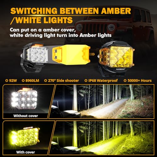 Image of Auxbeam 5 inch 168W Round LED Offroad Light Pod with Amber DRL, V-MAX Series 16440LM Side Shooter LED Offroad with 270 Beam & Amber Covers, Auxiliary Driving Light for Truck ATV Jeep Ford